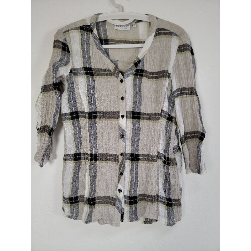 Habitat Womens XS Beige/Gray Plaid Button-Up Crinkle Linen Blend Top 3/4 Sleeve